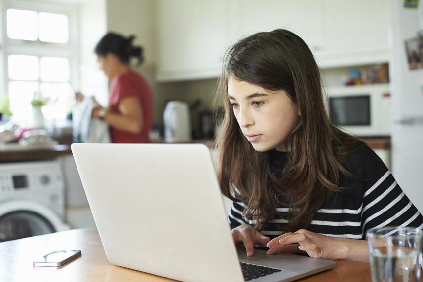 A pre-teen on her computer as her mother finishes the dishes.